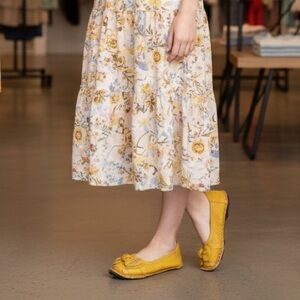 Yellow Leather Bow Flats with Elastic Edges